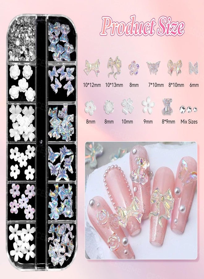 CESUSME 3 Boxes Bow Flower Nail Charms, 3D Color Flowers Nail Bows Charms for Nails Art, Polar Butterfly Bowknot Nail Art Charms, White Rose Flower Charms for Nail Art Jewels Supplies DIY Craft - Image 3